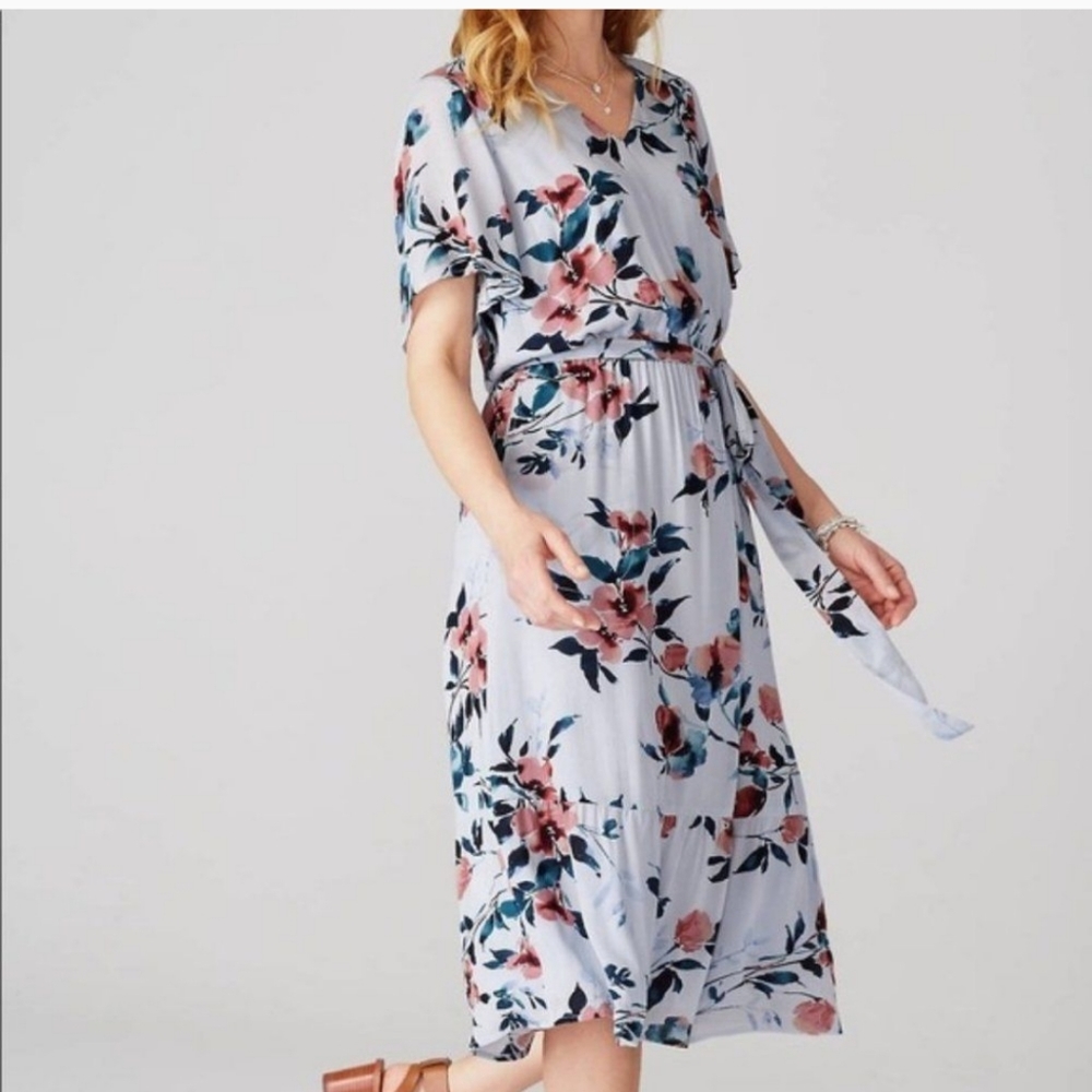 NWT J.jill XL Cornflower blue floral midi dress tie waist